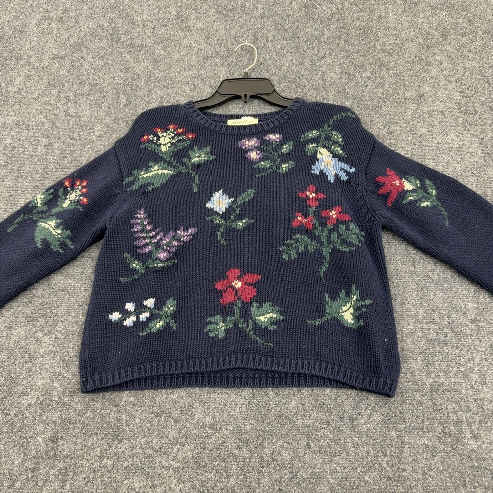 Vintage Eddie Bauer Sweater Womens S/P Navy Cotton Floral Knit Crewneck Cottage
